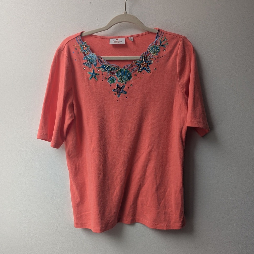 Quacker Factory Top Coral Nautical Embroidered Starfish Shells Sz S Coastal